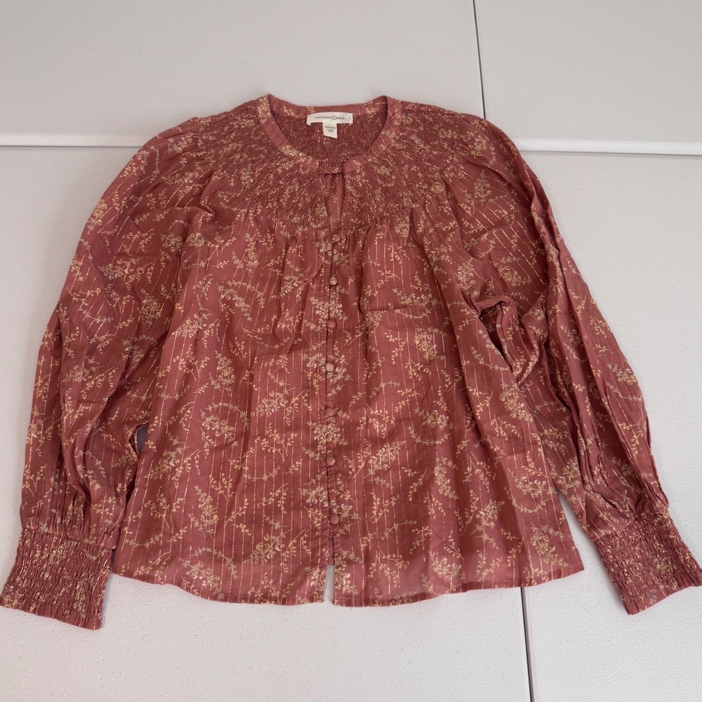 Treasure‎ & Bond Floral Smocked Blouse Pink Gold Metallic Lurex XXS/XS NWT cc